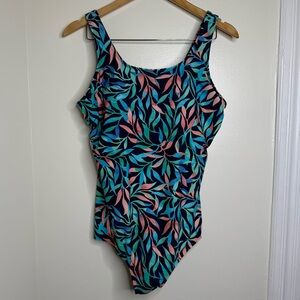 Lands’ End One Piece Swimsuit Women’s Size 16 Blue Green Leaf Pattern